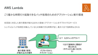 AWS Lambda 
各言語に対応した実行環境が組み込まれた領域にアプリケーションをデプロイするサービス  
シンプルなバッチ処理を対象としているため稼働できる時間が短く、最大15分で強制停止される  
ごく僅かな時間だけ起動できるバッチ処理のためのアプリケーション実行環境 
実行環境（家具）
が組み込みの場所
デプロイされた
アプリケーション
え？　もうチェックアウト？
15分で強制的に環境が
落とされる
（ホテルから追い出され
る）
 