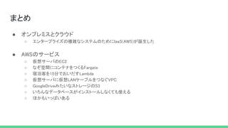 まとめ 
● オンプレミスとクラウド 
○ エンタープライズの複雑なシステムのためにIaaS(AWS)が誕生した  
 
● AWSのサービス 
○ 仮想サーバのEC2 
○ なぞ空間にコンテナをつくるFargate  
○ 宿泊客を15分でおいだすLambda  
○ 仮想サーバに仮想LANケーブルをつなぐVPC  
○ GoogleDriveみたいなストレージのS3  
○ いろんなデータベースがインストールしなくても使える  
○ ほかもいっぱいある  
 