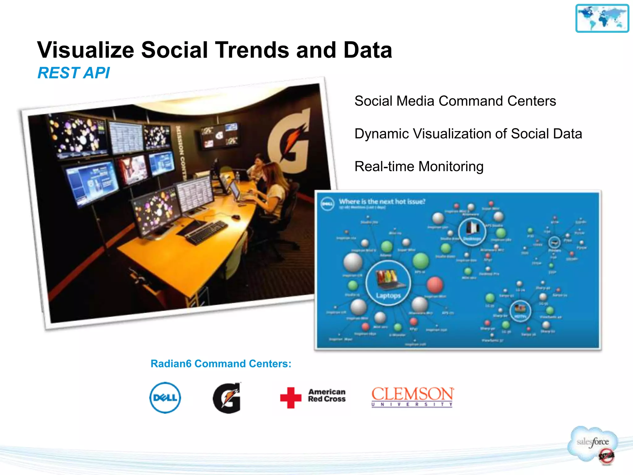 Visualize Social Trends and Data
REST API
                                      Social Media Command Centers

                                      Dynamic Visualization of Social Data

                                      Real-time Monitoring




           Radian6 Command Centers:
 