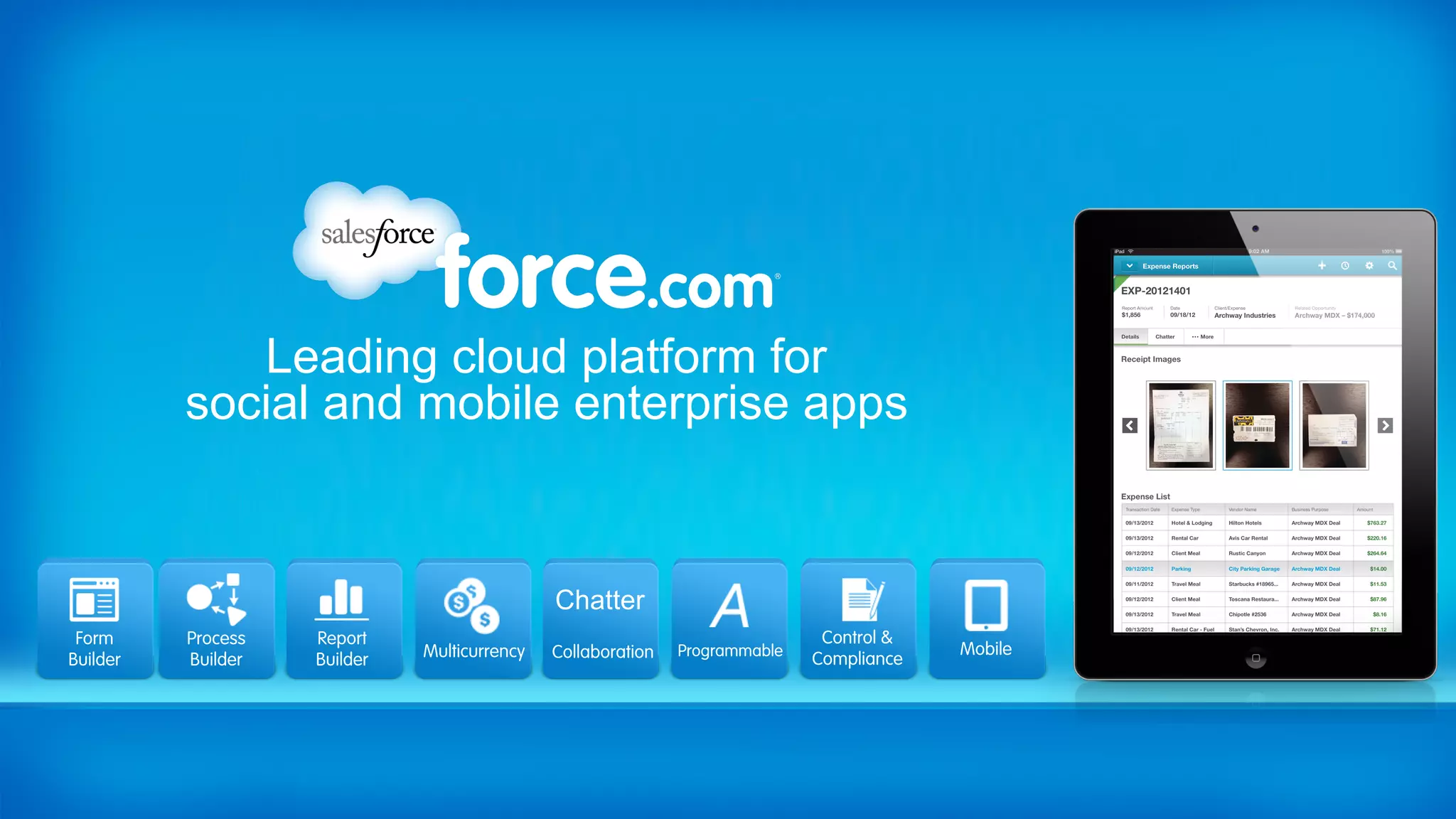 Leading cloud platform for
          social and mobile enterprise apps


                                              Chatter
 Form     Process   Report                                                    Control &
                              Multicurrency   Collaboration   Programmable                Mobile
Builder   Builder   Builder                                                  Compliance
 