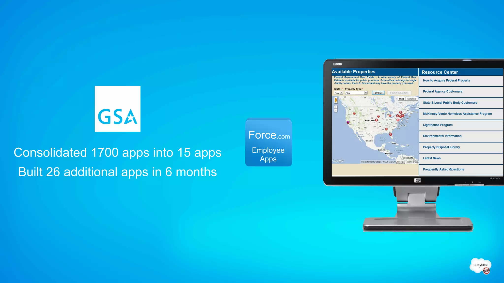 Force.com
Consolidated 1700 apps into 15 apps    Employee
                                         Apps

Built 26 additional apps in 6 months
 