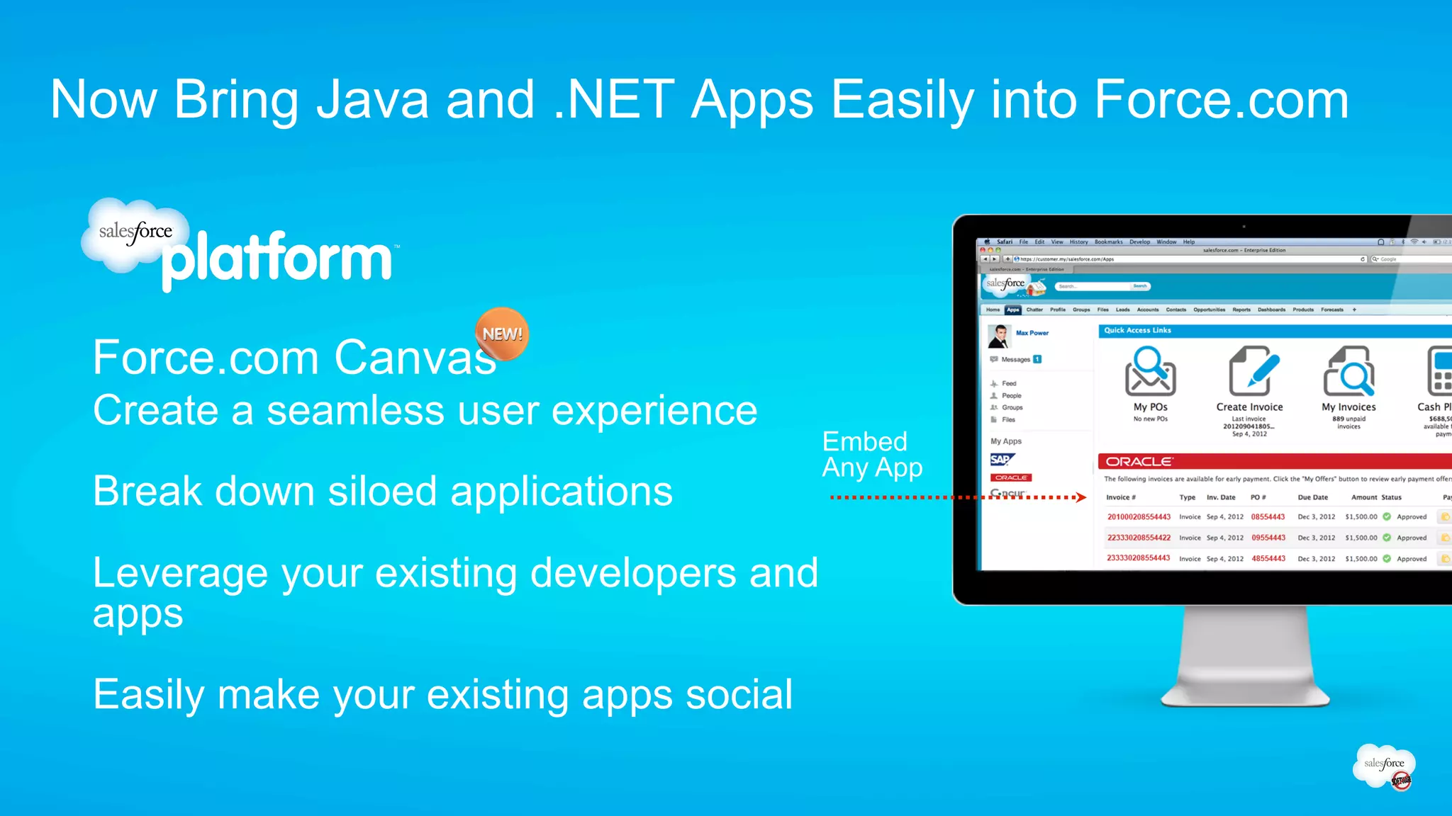 Now Bring Java and .NET Apps Easily into Force.com



 Force.com Canvas
 Create a seamless user experience
                                         Embed
                                         Any App
 Break down siloed applications
 Leverage your existing developers and
 apps
 Easily make your existing apps social
 