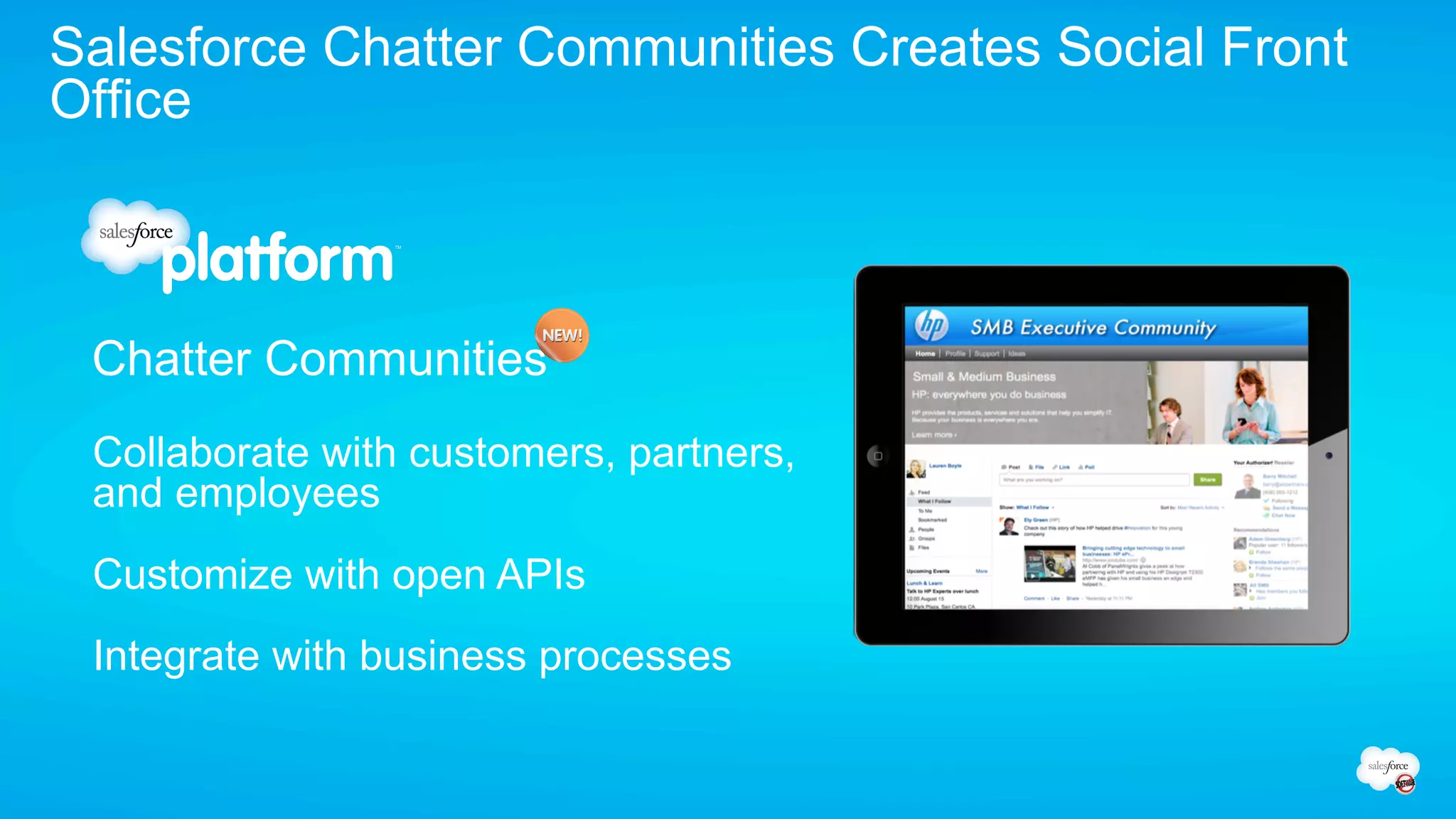 Salesforce Chatter Communities Creates Social Front
Office



 Chatter Communities
 Collaborate with customers, partners,
 and employees
 Customize with open APIs
 Integrate with business processes
 