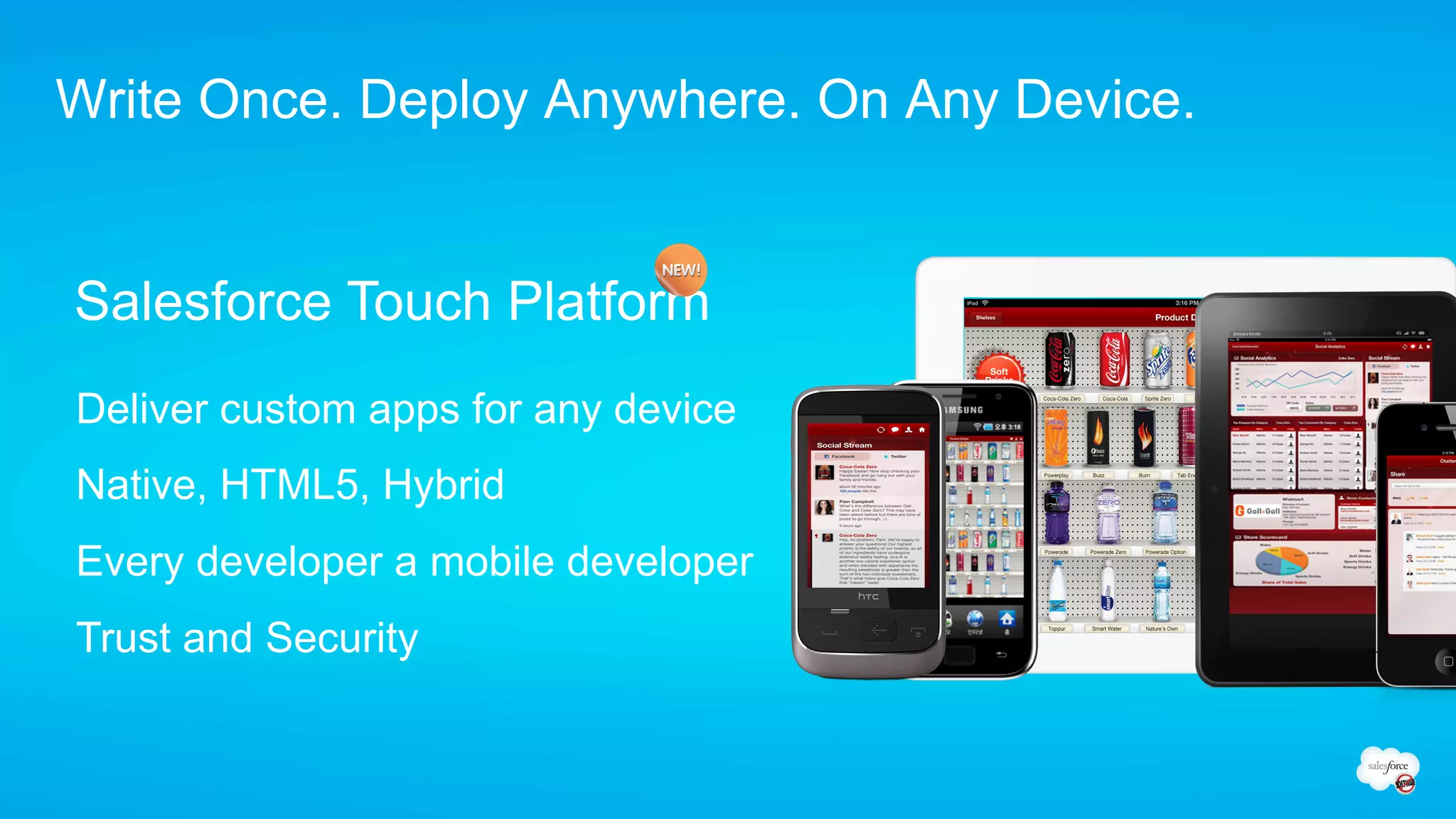 Write Once. Deploy Anywhere. On Any Device.


Salesforce Touch Platform
Deliver custom apps for any device
Native, HTML5, Hybrid
Every developer a mobile developer
Trust and Security
 