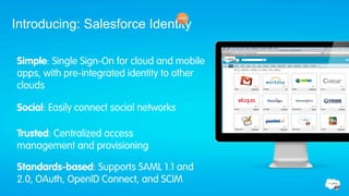 Introducing: Salesforce Identity

Simple: Single Sign-On for cloud and mobile
apps, with pre-integrated identity to other
clouds

Social: Easily connect social networks

Trusted: Centralized access
management and provisioning

Standards-based: Supports SAML 1.1 and
2.0, OAuth, OpenID Connect, and SCIM
 