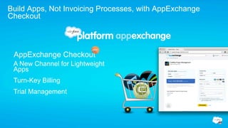 Build Apps, Not Invoicing Processes, with AppExchange
Checkout



 AppExchange Checkout
 A New Channel for Lightweight
 Apps
 Turn-Key Billing
 Trial Management
 