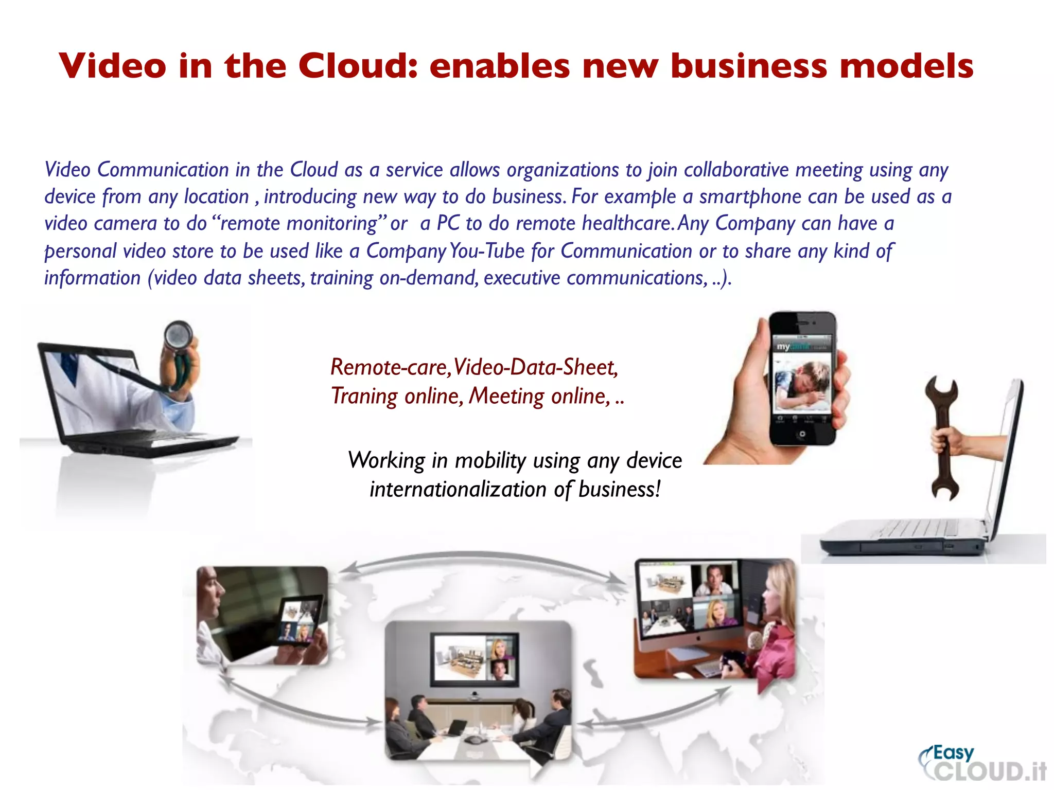 Video in the Cloud: enables new business models	

Working in mobility using any device	

internationalization of business!	

Remote-care,Video-Data-Sheet, 	

Traning online, Meeting online, ..	

	

Video Communication in the Cloud as a service allows organizations to join collaborative meeting using any
device from any location , introducing new way to do business. For example a smartphone can be used as a
video camera to do “remote monitoring” or a PC to do remote healthcare.Any Company can have a
personal video store to be used like a CompanyYou-Tube for Communication or to share any kind of
information (video data sheets, training on-demand, executive communications, ..). 	

 