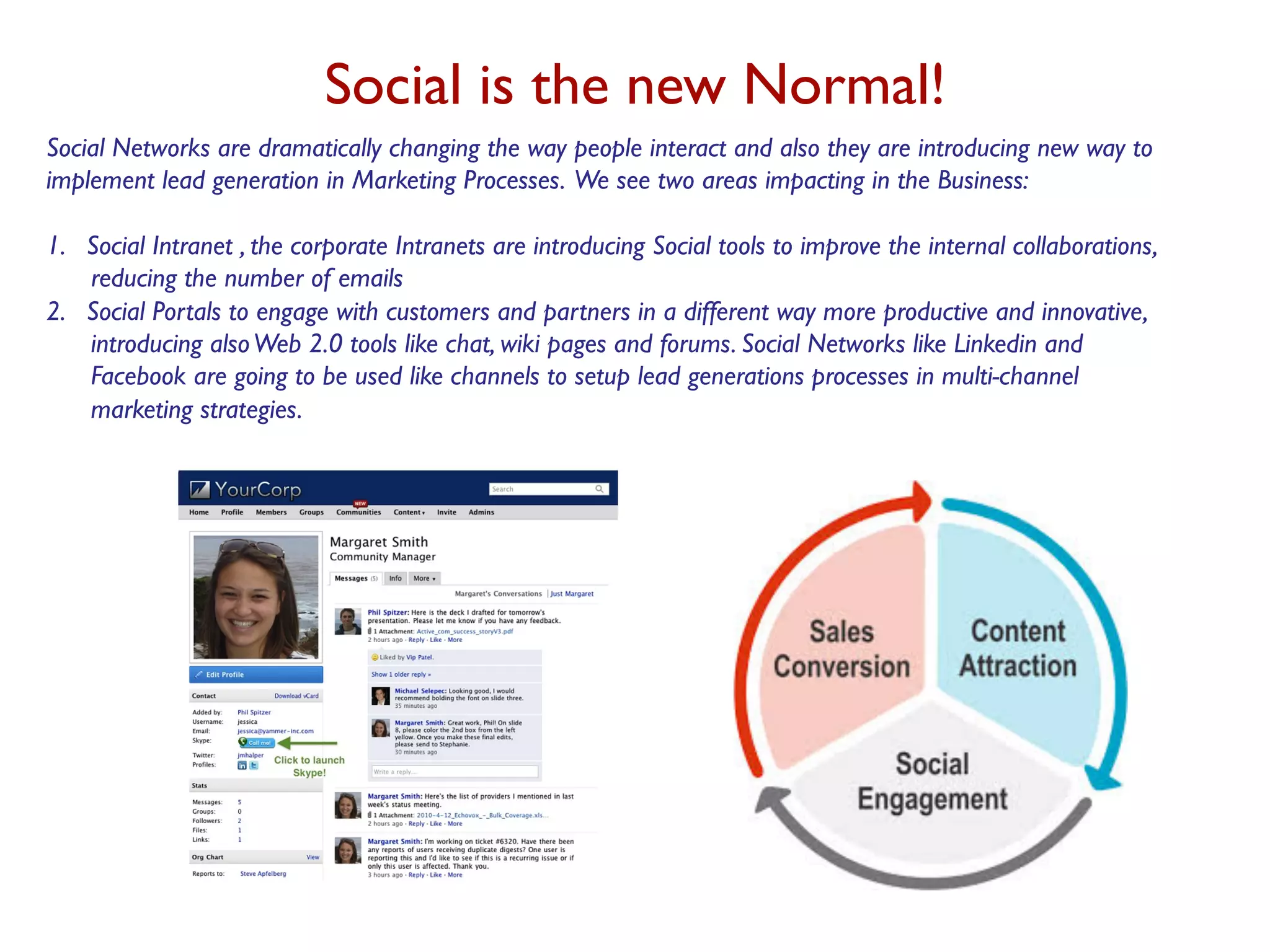 Social is the new Normal!	

Social Networks are dramatically changing the way people interact and also they are introducing new way to
implement lead generation in Marketing Processes. We see two areas impacting in the Business:	

	

1.  Social Intranet , the corporate Intranets are introducing Social tools to improve the internal collaborations,
reducing the number of emails	

2.  Social Portals to engage with customers and partners in a different way more productive and innovative,
introducing alsoWeb 2.0 tools like chat, wiki pages and forums. Social Networks like Linkedin and
Facebook are going to be used like channels to setup lead generations processes in multi-channel
marketing strategies. 	

 