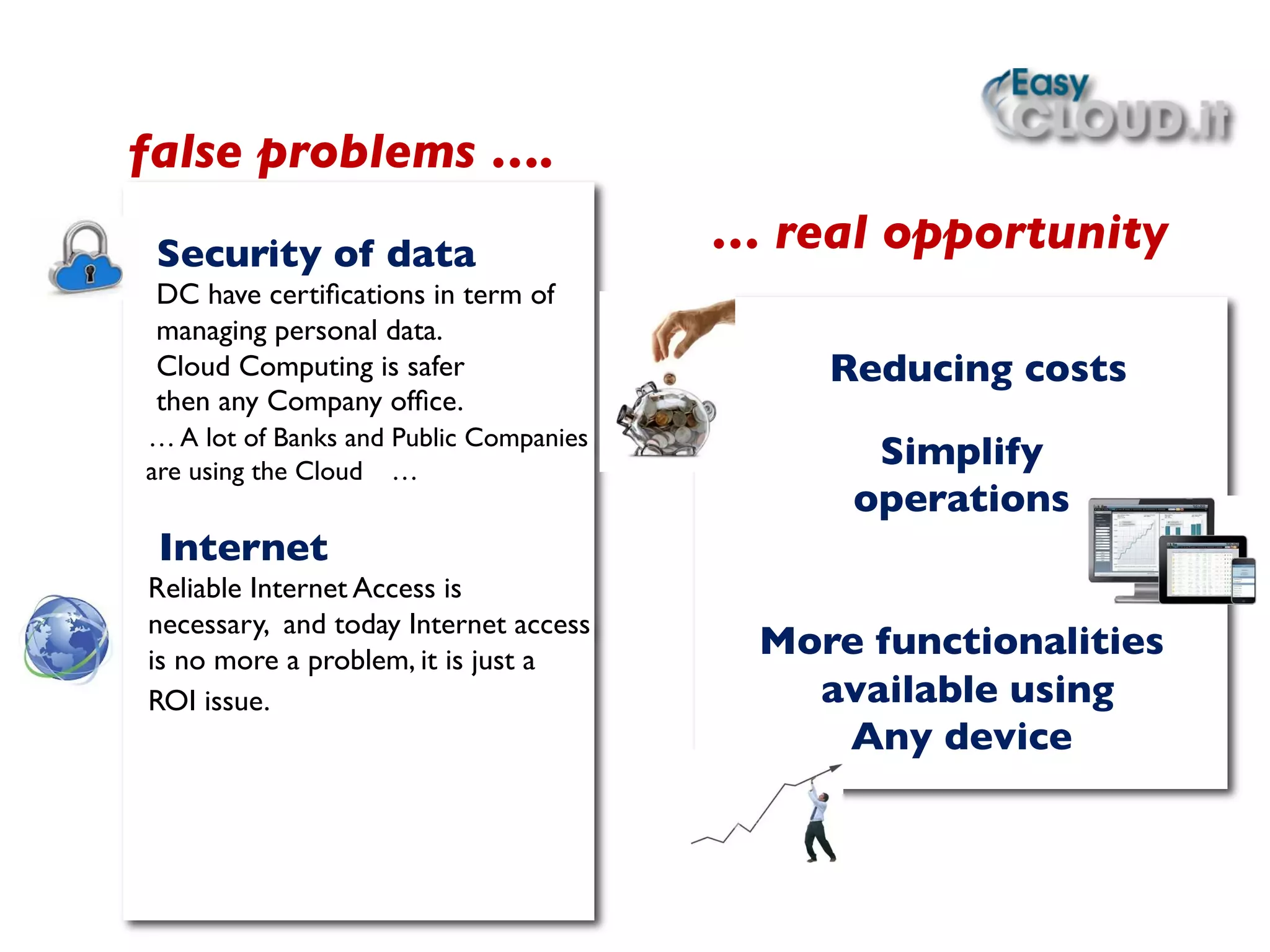 Security of data	

DC have certiﬁcations in term of 	

managing personal data. 	

Cloud Computing is safer	

then any Company ofﬁce. 	

	

… A lot of Banks and Public Companies 	

are using the Cloud 	

…	

	

	

Internet	

Reliable Internet Access is 	

necessary, and today Internet access 	

is no more a problem, it is just a 	

ROI issue.	

	

	

	

 	

 	

false problems ….	

… real opportunity	

	

	

Reducing costs	

	

Simplify 	

operations	

	

	

More functionalities	

available using 	

Any device	

	

	

	

	

	

	

 