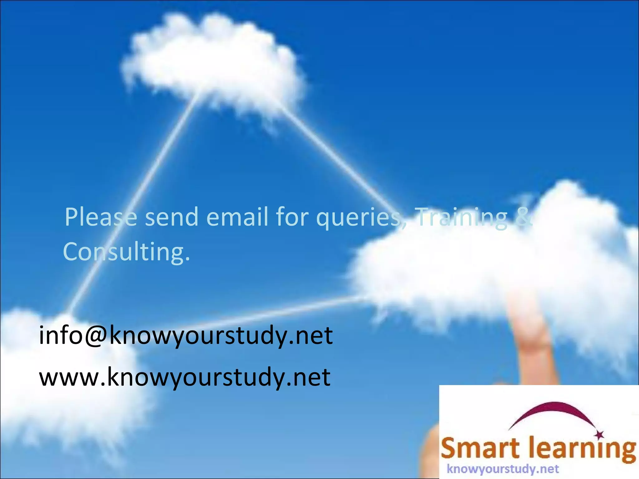 Please send email for queries, Training &
Consulting.
info@knowyourstudy.net
www.knowyourstudy.net
 