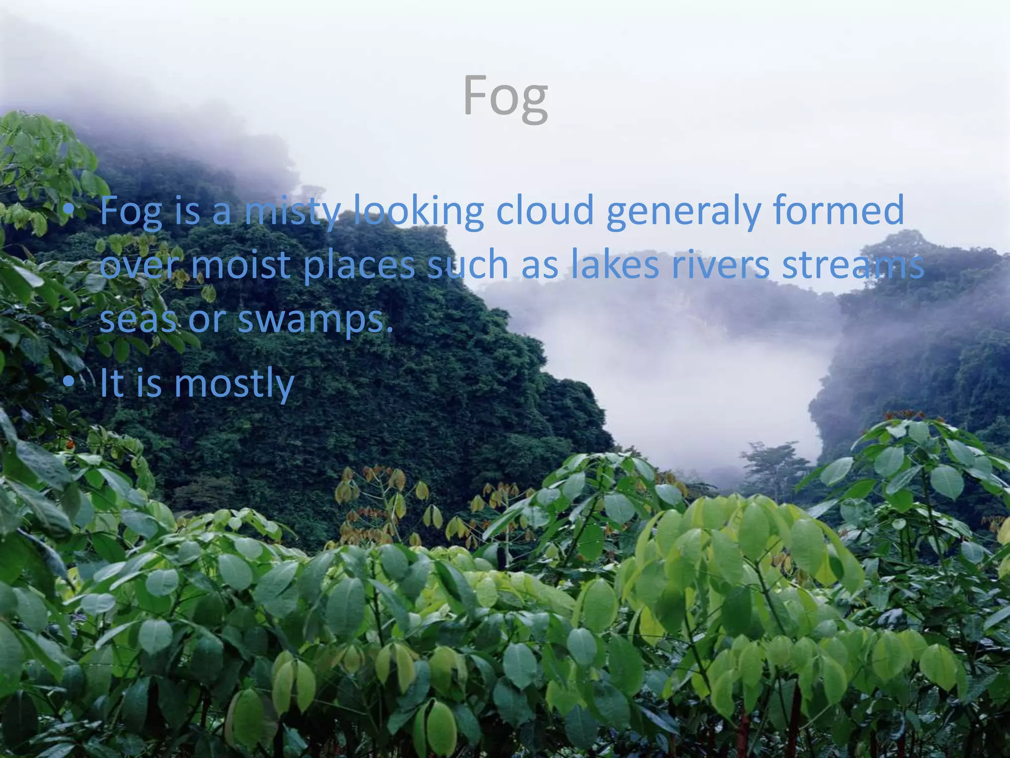 Fog
• Fog is a misty looking cloud generaly formed
  over moist places such as lakes rivers streams
  seas or swamps.
• It is mostly
 