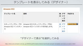 テンプレートを表示してみる（デザイナー）
http://docs.aws.amazon.com/ja_jp/AWSCloudFormation/latest/UserGuide/sample-templates-services-us-west-2.html
“デザイナーで表示”を選択してみる
 
