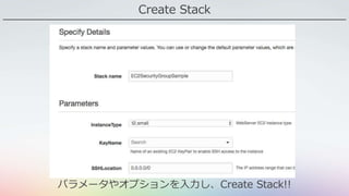 Create Stack
パラメータやオプションを入力し、Create Stack!!
 