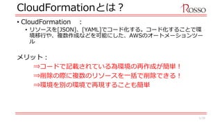 CloudFormationとは？
• CloudFormation ：
• リソースを[JSON]、[YAML]でコード化する。コード化することで環
境移行や、複数作成などを可能にした、AWSのオートメーションツー
ル
メリット：
⇒コードで記載されている為環境の再作成が簡単！
⇒削除の際に複数のリソースを一括で削除できる！
⇒環境を別の環境で再現することも簡単
5/20
 