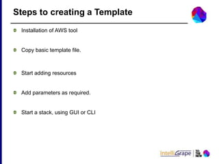 Stack
• Collection ofAWS resource
• Can be created via CLI and GUI
• All resources are created or deleted as appropriate
• TreatsStack as a single unit
• Can be created via CLI and GUI
 