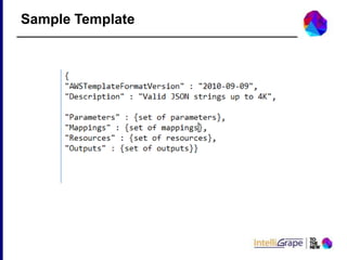 Template
• Describes Infrastructure
• Textfile in JSONFormat
• A template has 6 objects
 Formatversion
 Description
 Parameters
 Mappings
 Resources
 Outputs
 