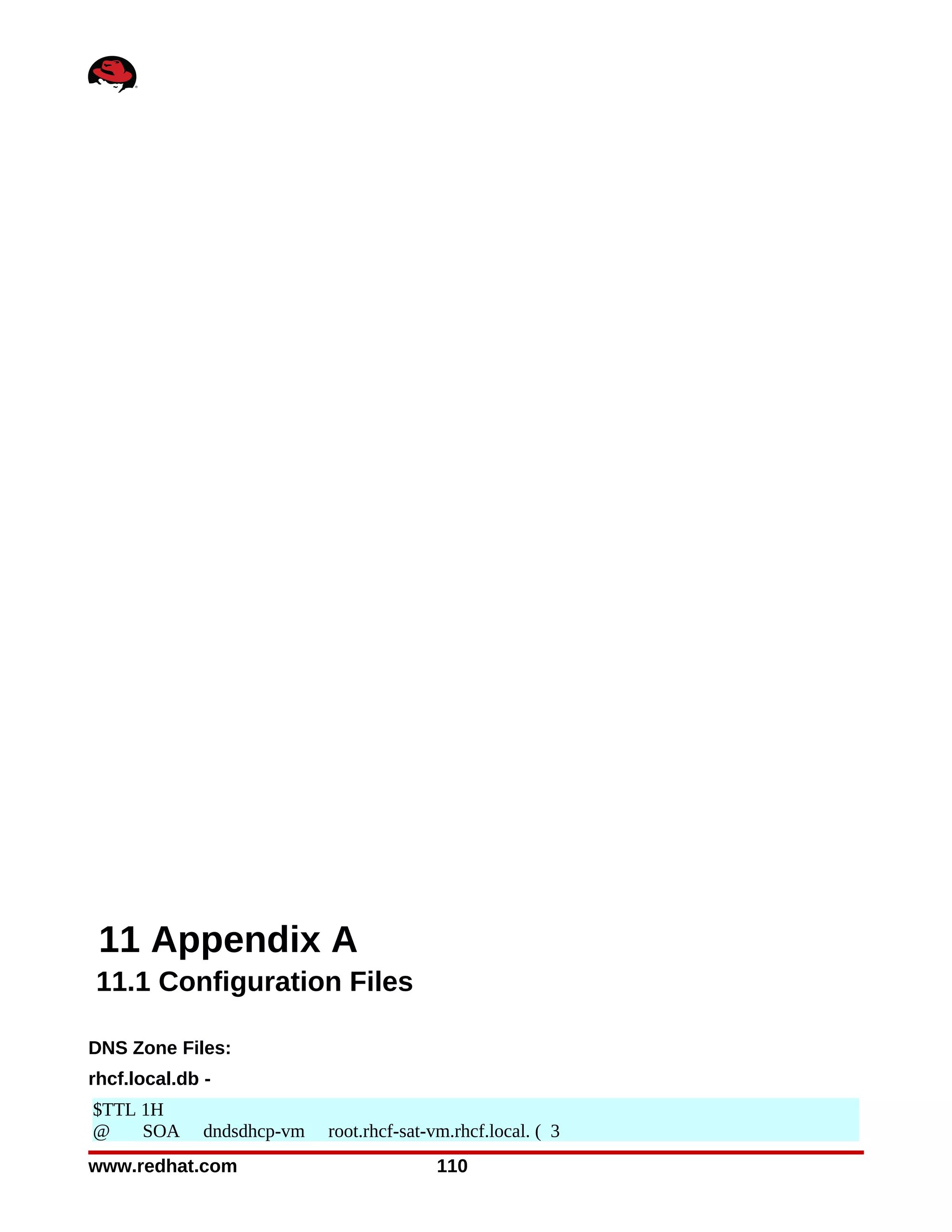 11 Appendix A
11.1 Configuration Files

DNS Zone Files:
rhcf.local.db -
$TTL 1H
@    SOA      dndsdhcp-vm   root.rhcf-sat-vm.rhcf.local. ( 3
www.redhat.com                            110
 