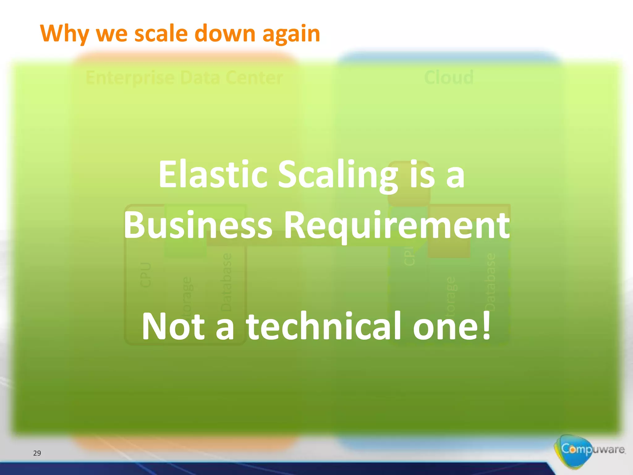 Why we scale down again
     Enterprise Data Center                Cloud



           Elastic Scaling is a
         Business Requirement



                                     CPU
                          Database




                                                      Database
          CPU

                Storage




                                            Storage
           Not a technical one!

29
 