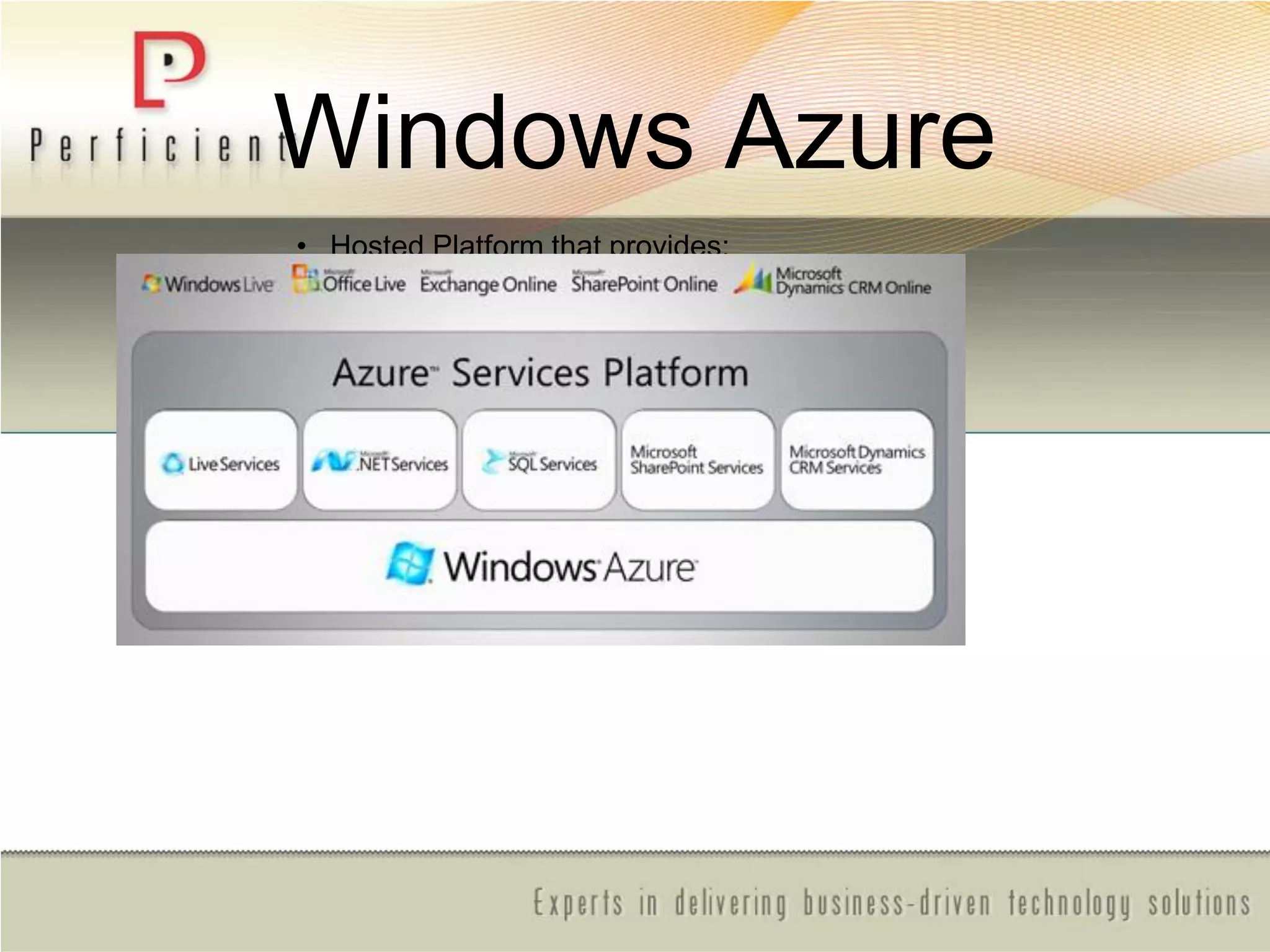 Windows Azure
• Hosted Platform that provides:
– Operating System
– Developer Services
• Compute Power (procs)
• Storage
• Cloud Applications
– Windows Live
– CRM
– Online Services
• SharePoint
• Exchange
 