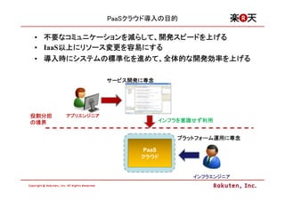 PaaSクラウド導入の目的

• 不要なコミュニケーションを減らして、開発スピードを上げる
  不要なコミュニケーションを らして、開発スピード
                      スピードを
• IaaS以上にリソース変更を容易にする
      以上にリソース変更を容易にする
      以上     変更
• 導入時にシステムの標準化を進めて、全体的な開発効率を上げる
  導入時にシステムの標準化を めて、全体的な開発効率を

                  サービス開発に
                  サービス開発に専念
                      開発




役割分担   アプリエンジニア
の境界                           インフラを意識せず利用
                              インフラを意識せず利用
                                     せず


                                 プラットフォーム運用に
                                 プラットフォーム運用に専念
                                         運用

                         PaaS
                        クラウド


                                     インフラエンジニア
 