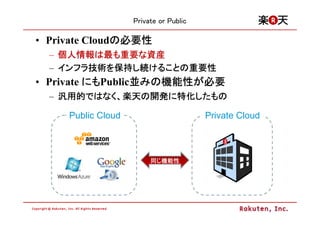 Private or Public

• Private Cloudの必要性
               の
  – 個人情報は最も重要な資産
    個人情報は   重要な
  – インフラ技術を保持し続けることの重要性
    インフラ技術を保持し けることの重要性
        技術
• Private にも
          にもPublic並みの機能性が必要
                  並みの機能性
                     機能性が
  – 汎用的ではなく、楽天の開発に特化したもの
    汎用的ではなく、楽天の開発に特化したもの
       ではなく

     Public Cloud                       Private Cloud



                         同じ機能性
 