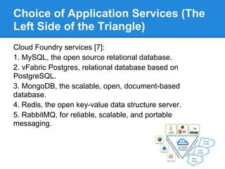 Choice of Application Services (The
Left Side of the Triangle)
Cloud Foundry services [7]:
1. MySQL, the open source relational database.
2. vFabric Postgres, relational database based on
PostgreSQL.
3. MongoDB, the scalable, open, document-based
database.
4. Redis, the open key-value data structure server.
5. RabbitMQ, for reliable, scalable, and portable
messaging.
 