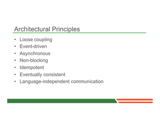 Architectural Principles
•    Loose coupling
•    Event-driven
•    Asynchronous
•    Non-blocking
•    Idempotent
•    Ev...