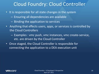 Cloud Foundry Logical View18vmc clientSTS pluginbrowser(user app access)RouterHealth Manageruser appsCloud Controlleruser appsDEA: execution environmentServices: core, ecosystem, etc.Infrastructure