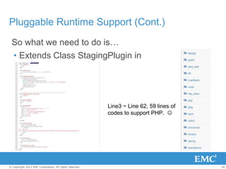 Pluggable Runtime Support (Cont.)
 So what we need to do is…
   • Extends Class StagingPlugin in
     Common.rb



       ...