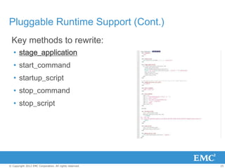 Pluggable Runtime Support (Cont.)
 Key methods to rewrite:
   • stage_application
   • start_command
   • startup_script
 ...