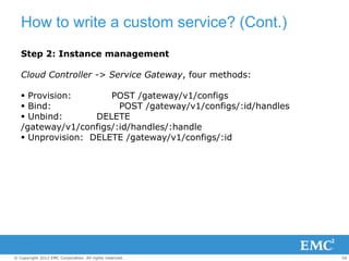 How to write a custom service? (Cont.)
   Step 2: Instance management

   Cloud Controller -> Service Gateway, four method...