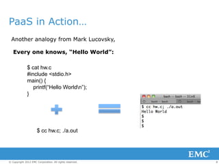 PaaS in Action…
 Another analogy from Mark Lucovsky,

   Every one knows, “Hello World”:

              $ cat hw.c
       ...