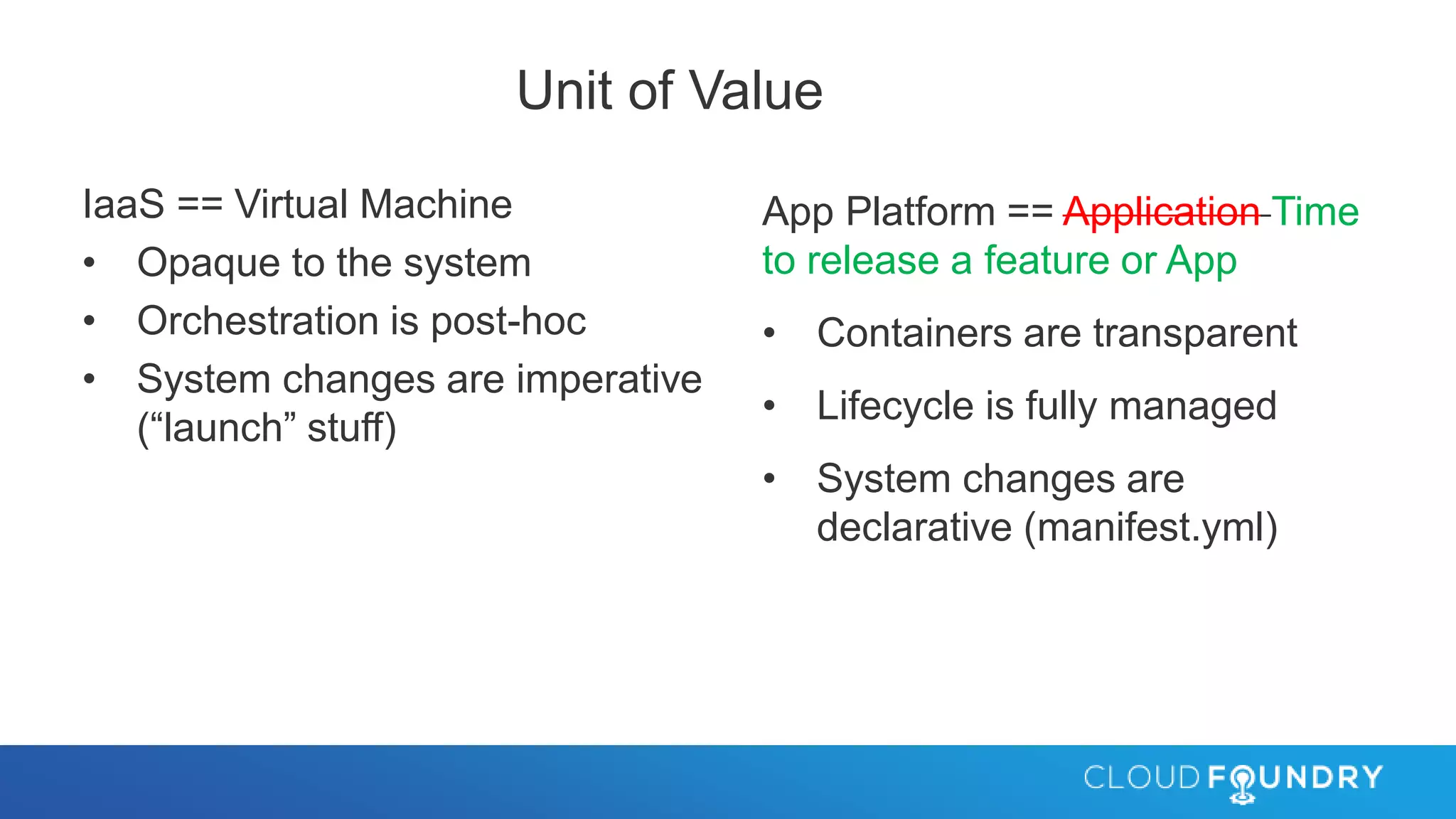 Unit of Value
IaaS == Virtual Machine
• Opaque to the system
• Orchestration is post-hoc
• System changes are imperative
(“launch” stuff)
App Platform == Application Time
to release a feature or App
• Containers are transparent
• Lifecycle is fully managed
• System changes are
declarative (manifest.yml)
 