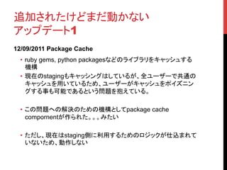 追加されたけどまだ動かない
アップデート1	
12/09/2011 Package Cache
     •  ruby gems, python packagesなどのライブラリをキャッシュする
        機構	
     •  現在のstagingもキャッシングはしているが、全ユーザーで共通の
        キャッシュを用いているため、ユーザーがキャッシュをポイズニン
        グする事も可能であるという問題を抱えている。

     •  この問題への解決のための機構としてpackage cache
        compornentが作られた。。。みたい

     •  ただし、現在はstaging側に利用するためのロジックが仕込まれて
        いないため、動作しない	


	
 