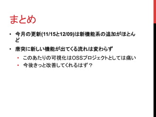 まとめ	
•  今月の更新(11/15と12/09)は新機能系の追加がほとん
   ど
•  唐突に新しい機能が出てくる流れは変わらず
  •  このあたりの可視化はOSSプロジェクトとしては痛い
  •  今後きっと改善してくれるはず？	
 