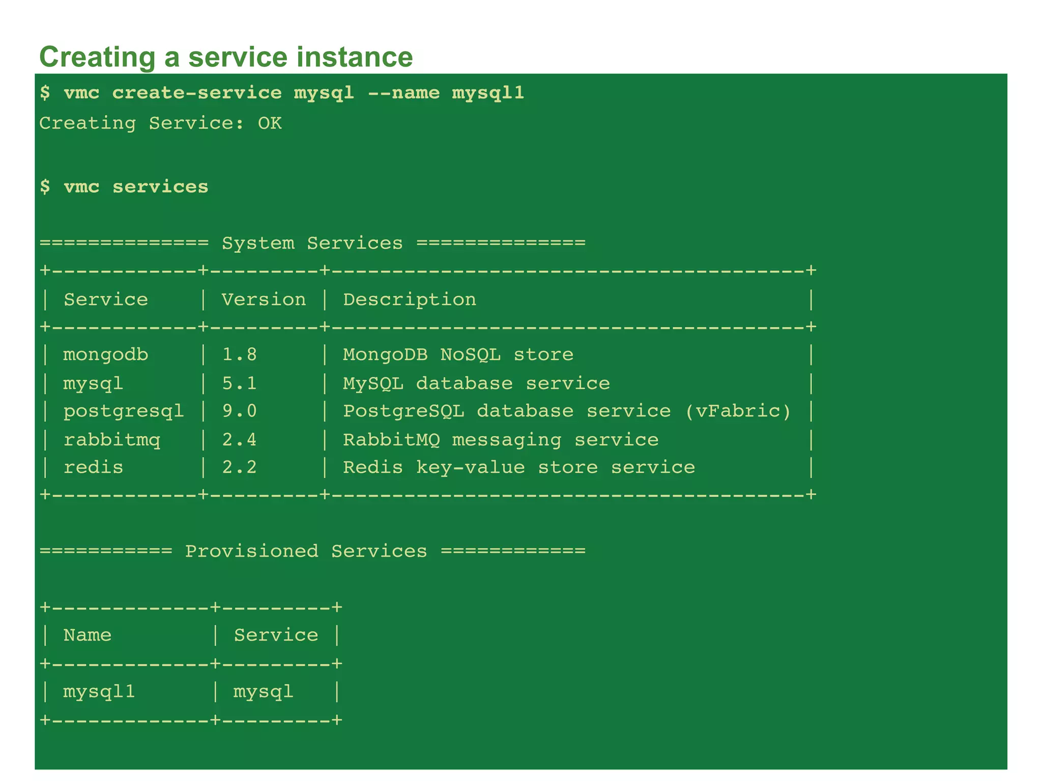 Creating a service instance
$ vmc create-service mysql --name mysql1
Creating Service: OK


$ vmc services

============== System Services ==============
+------------+---------+---------------------------------------+
| Service    | Version | Description                           |
+------------+---------+---------------------------------------+
| mongodb    | 1.8     | MongoDB NoSQL store                   |
| mysql      | 5.1     | MySQL database service                |
| postgresql | 9.0     | PostgreSQL database service (vFabric) |
| rabbitmq   | 2.4     | RabbitMQ messaging service            |
| redis      | 2.2     | Redis key-value store service         |
+------------+---------+---------------------------------------+

=========== Provisioned Services ============

+-------------+---------+
| Name        | Service |
+-------------+---------+
| mysql1      | mysql   |
+-------------+---------+
 