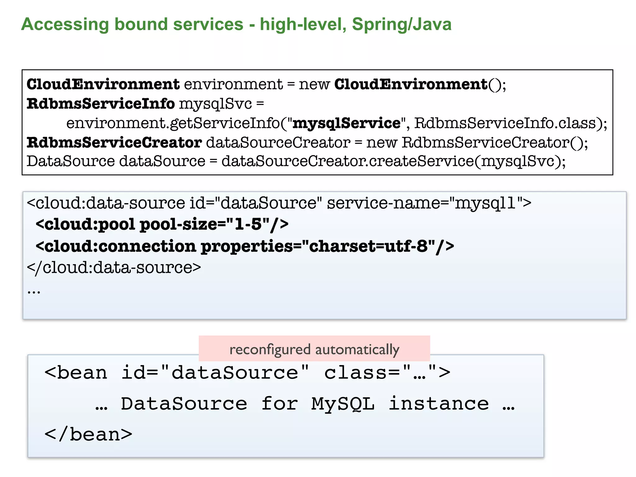 Accessing bound services - high-level, Spring/Java


CloudEnvironment environment = new CloudEnvironment();
RdbmsServiceInfo mysqlSvc =
    environment.getServiceInfo("mysqlService", RdbmsServiceInfo.class);
RdbmsServiceCreator dataSourceCreator = new RdbmsServiceCreator();
DataSource dataSource = dataSourceCreator.createService(mysqlSvc);

<cloud:data-source id="dataSource" service-name="mysql1">
  <cloud:pool pool-size="1-5"/>
  <cloud:connection properties="charset=utf-8"/>
</cloud:data-source>
...


                        reconﬁgured automatically
  <bean id="dataSource" class="…">
      … DataSource for MySQL instance …
  </bean>
                                                                      84
 