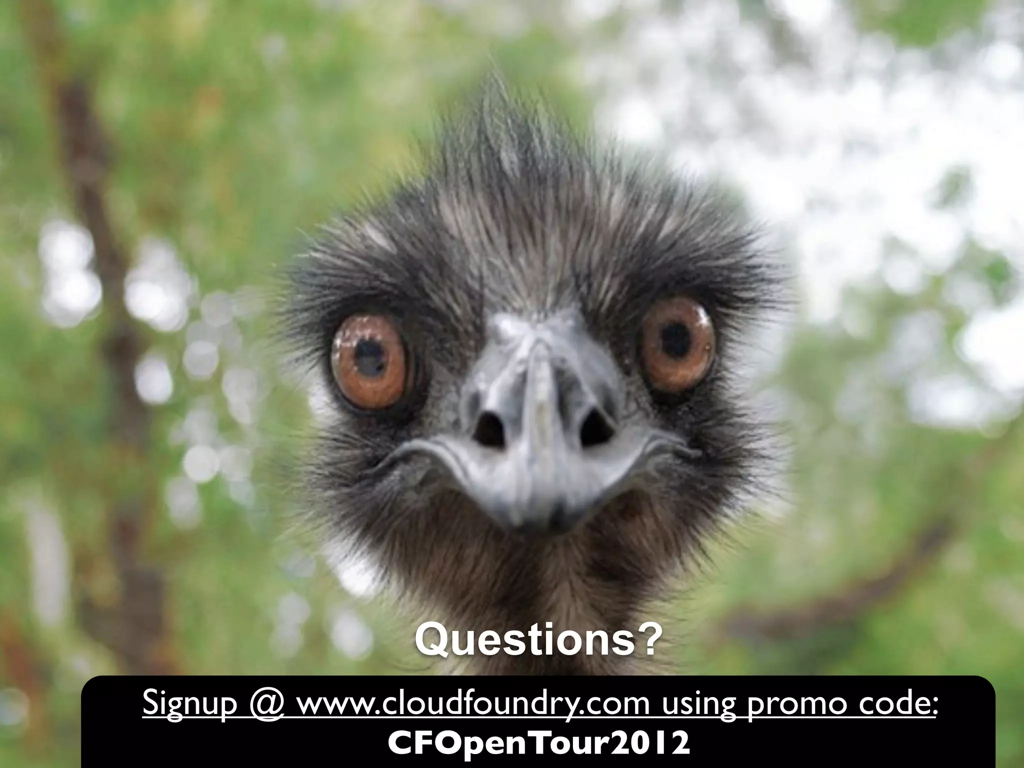 Questions?
Signup @ www.cloudfoundry.com using promo code:
              CFOpenTour2012
 