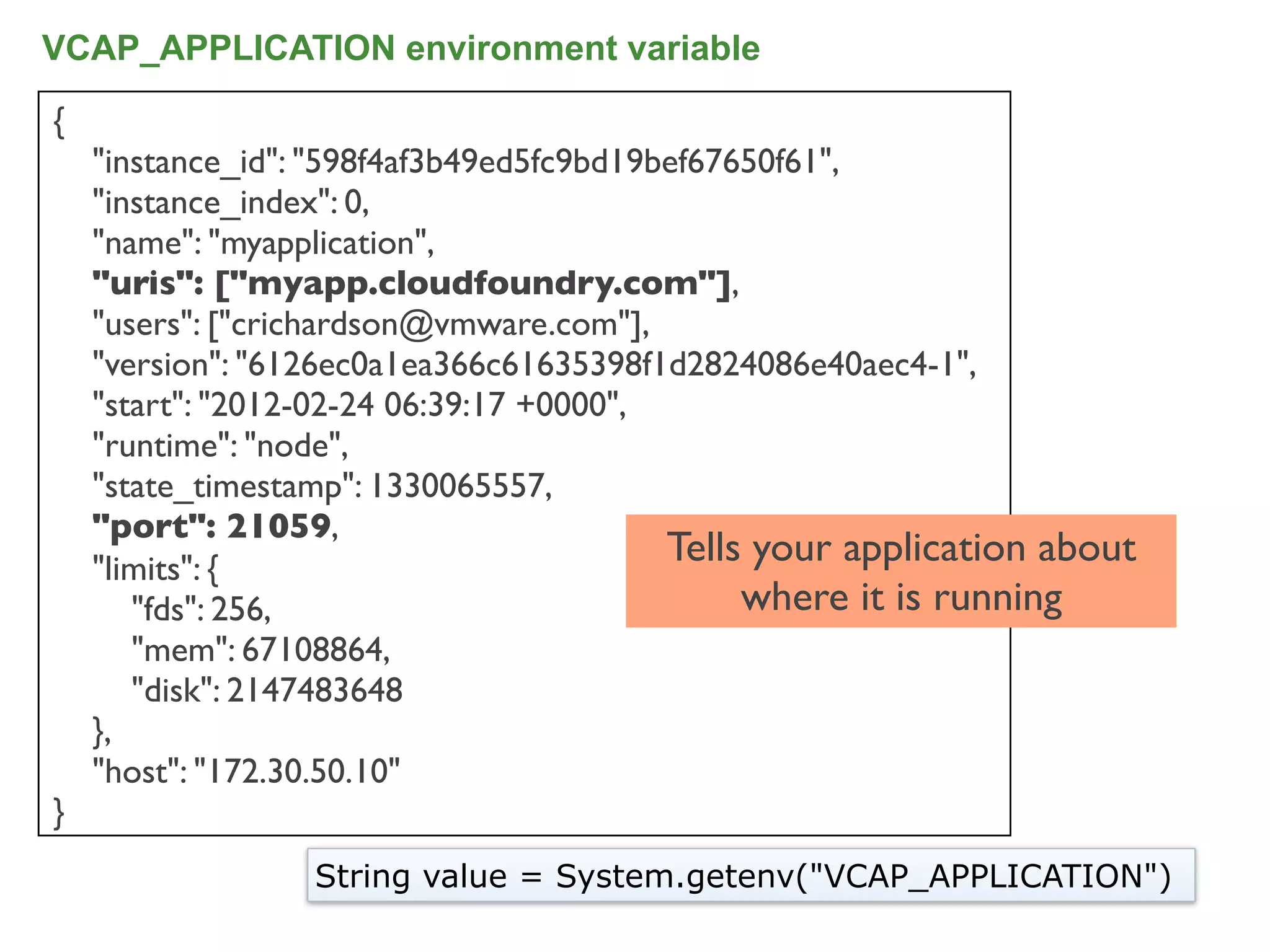 VCAP_APPLICATION environment variable

{
    "instance_id": "598f4af3b49ed5fc9bd19bef67650f61",
    "instance_index": 0,
    "name": "myapplication",
    "uris": ["myapp.cloudfoundry.com"],
    "users": ["crichardson@vmware.com"],
    "version": "6126ec0a1ea366c61635398f1d2824086e40aec4-1",
    "start": "2012-02-24 06:39:17 +0000",
    "runtime": "node",
    "state_timestamp": 1330065557,
    "port": 21059,
    "limits": {
                                          Tells your application about
       "fds": 256,                             where it is running
       "mem": 67108864,
       "disk": 2147483648
    },
    "host": "172.30.50.10"
}
                  String value = System.getenv("VCAP_APPLICATION")
                                                                         51
 