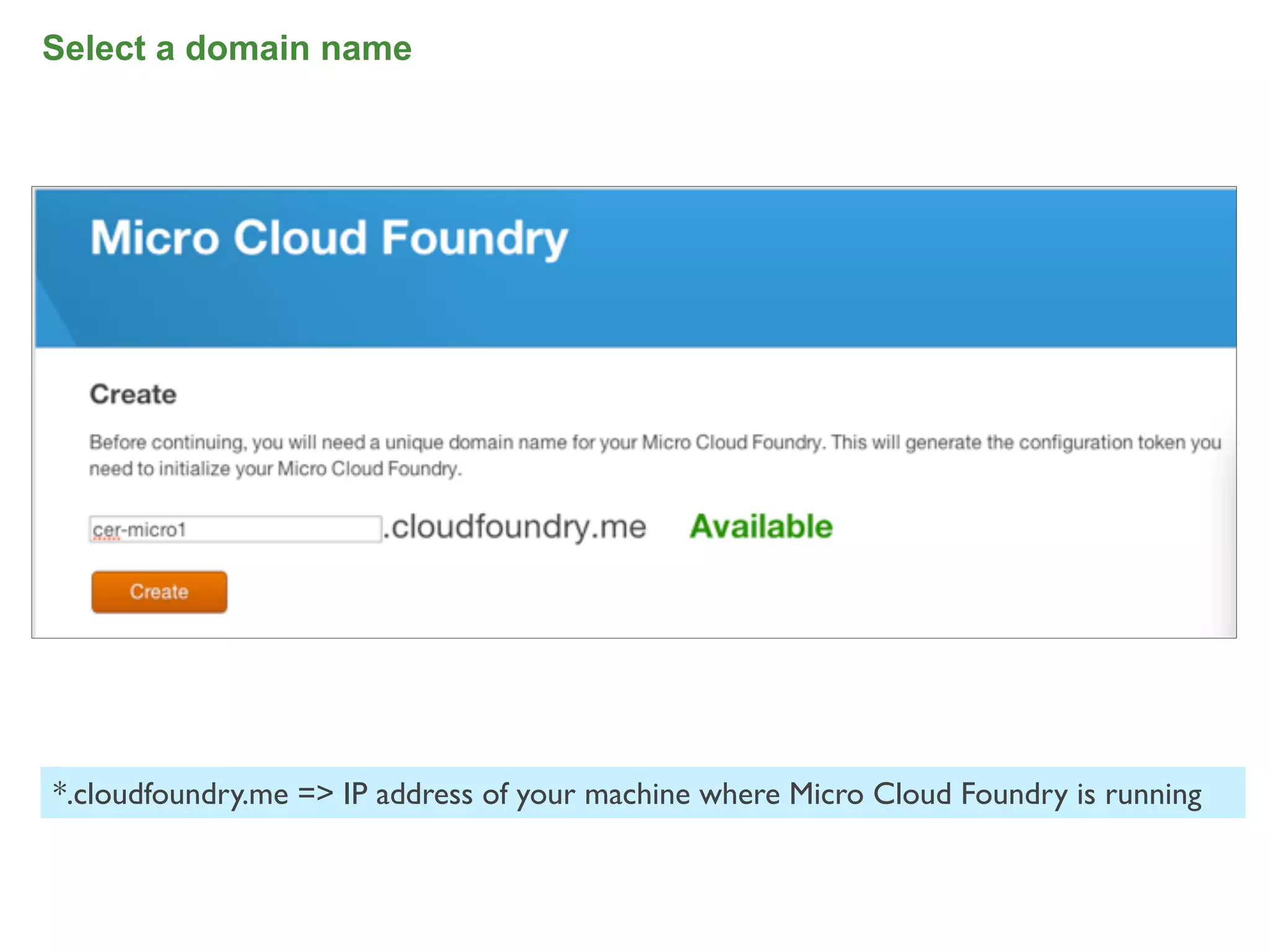 Select a domain name




*.cloudfoundry.me => IP address of your machine where Micro Cloud Foundry is running


                                                                                       62
 