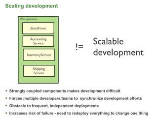 Scaling development

       Web application


                StoreFront


               Accounting
                Service                 Scalable
                                     !=
             InventoryService           development
                  Shipping
                  Service




 Strongly coupled components makes development difficult
 Forces multiple developers/teams to synchronize development efforts
 Obstacle to frequent, independent deployments
 Increases risk of failure - need to redeploy everything to change one thing   12
 