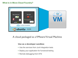 What is in Micro Cloud Foundry?




          App Instances                               Services




          Open source Platform as a Service project




                                                      10.04



          A cloud packaged as a VMware Virtual Machine

                                 Use as a developer sandbox
                                • Use the services from Junit integration tests
                                • Deploy your application for functional testing
                                • Remote debugging from STS
                                                                                   58
 