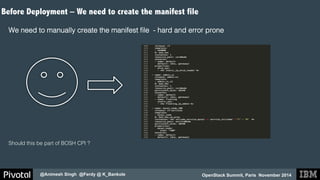 OpenStack Summit, Paris November 2014 
Before Deployment – We need to create the manifest file 
@Animesh Singh @Ferdy @ K_Bankole 
! 
We need to manually create the manifest file - hard and error prone! 
! 
! 
! 
Should this be part of BOSH CPI ?! 
! 
 