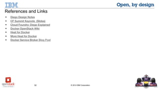 32 © 2014 IBM Corporation
 Diego Design Notes
 CF Summit Keynote (Slides)
 Cloud Foundry: Diego Explained
 Docker OpenStack Wiki
 Heat for Docker
 More Heat for Docker
 Docker Service Broker Blog Post
References and Links
 