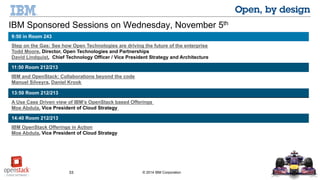 33 © 2014 IBM Corporation
IBM Sponsored Sessions on Wednesday, November 5th
9:50 in Room 243
Step on the Gas: See how Open Technologies are driving the future of the enterprise
Todd Moore, Director, Open Technologies and Partnerships
David Lindquist, Chief Technology Officer / Vice President Strategy and Architecture
11:50 Room 212/213
IBM and OpenStack: Collaborations beyond the code
Manuel Silveyra, Daniel Krook
13:50 Room 212/213
A Use Case Driven view of IBM’s OpenStack based Offerings
Moe Abdula, Vice President of Cloud Strategy
14:40 Room 212/213
IBM OpenStack Offerings in Action
Moe Abdula, Vice President of Cloud Strategy
 