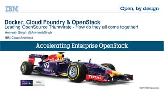 © 2014 IBM Corporation
Docker, Cloud Foundry & OpenStack
Leading OpenSource Triumvirate - How do they all come together!
Animesh Singh @AnimeshSingh
IBM Cloud Architect
 