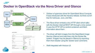 © IBM Corporation 22
Docker in OpenStack via the Nova Driver and Glance
•  Docker is hypervisor driver for OpenStack Nova Compute.
It was introduced with the Havana release, but lives out-of-
tree for Icehouse, Juno, and Kilo.
•  The Nova driver embeds a tiny HTTP client which talks
with the Docker internal REST API through a Unix socket.
It uses the HTTP API to control containers and fetch
information about them.
•  The driver will fetch images from the OpenStack Image
Service (Glance) and load them into the Docker file
system. Images may be placed in Glance by exporting
them from Docker using the 'docker save' command.
•  Well integrated with Horizon UI.
 
