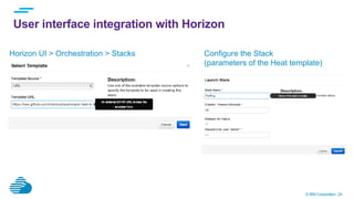 © IBM Corporation 24
User interface integration with Horizon
Horizon UI > Orchestration > Stacks Configure the Stack
(parameters of the Heat template)
 