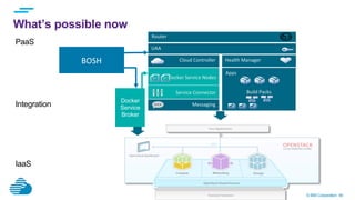© IBM Corporation 46
What’s possible now
Cloud
DEA	
  Pool	
  	
  	
  Apps	
  
Build	
  Packs	
  
Cloud	
  Controller	
  
Service	
  Connector	
  
Messaging	
  
Health	
  Manager	
  
UAA	
  
Router	
  
Docker	
  Service	
  Nodes	
  
PaaS
IaaS
Integration
BOSH	
  
Docker
Service
Broker
 