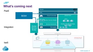 © IBM Corporation 47
What’s coming next
Cloud
DIEGO	
  Pool	
  	
  	
  
Apps	
  
Docker	
  Files/Build	
  Packs	
  
Cloud	
  Controller	
  
Service	
  Connector	
  
Messaging	
  
UAA	
  
Router	
  
Docker	
  Service	
  Nodes	
  
PaaS
IaaS
Integration
BOSH	
  
Docker
Service
Broker
 